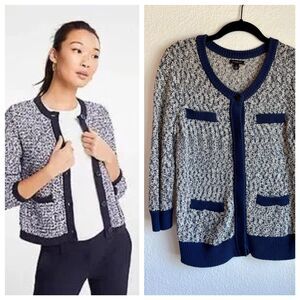 Ann Taylor Women's 3/4 Sleeve Tweed Boucle Sweater Lady Cardigan in Blue Navy S